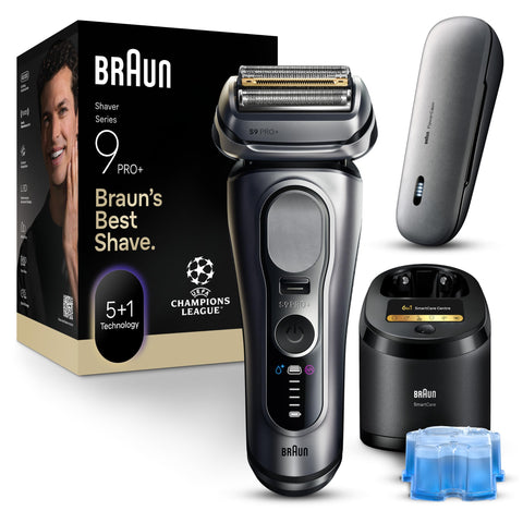 Braun Series 9 PRO+ Rasierer Herren Elektrisch, 5+1 Ultradünne Klingen, Rasierapparat mit 60 Min. Akku, Ladeetui, 6in1 SmartCare Center, Wet & Dry, Elektrorasierer, Made in Germany, 9677cce, Silber