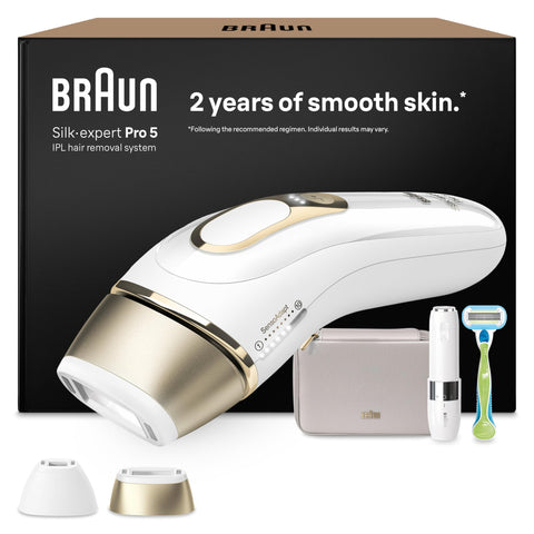 Braun IPL Silk·expert Pro 5 – IPL Geräte Haarentfernung, Dauerhafte und Schmerzfreie Haarentfernung für Zuhause – inkl. Etui, Venus Rasierer, 2 Aufsätze, Designed In Germany – PL5156, Weiß/Gold
