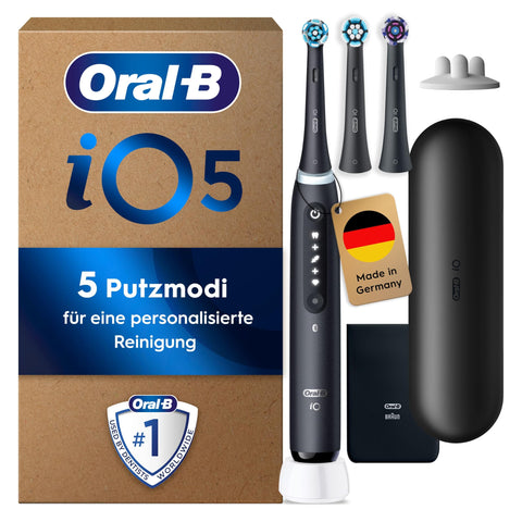 Oral-B iO Series 5 Plus Edition Elektrische Zahnbürste, Electric Toothbrush, PLUS 3 Aufsteckbürsten, 5 Putzmodi für Zahnpflege, Reiseetui, Designed by Braun, matt black