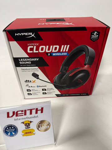HyperX Cloud III S – Kabelloses Gaming-Headset, Multiplattform, 2,4 GHz, Bluetooth, Akkulaufzeit bis zu 120 Stunden, 2,4 GHz, 53-mm-Neigungstreiber, 10-mm-abnehmbares Mikrofon – Schwarz-Rot