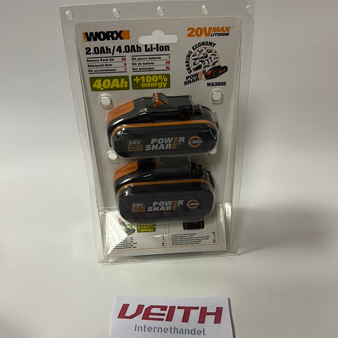 WORX WA3605 PowerShare 20V Li-Ion Akku Set - 1 x 2000mAh Akku (WA3551.1) & 1 x 4000mAh Akku (WA3552)