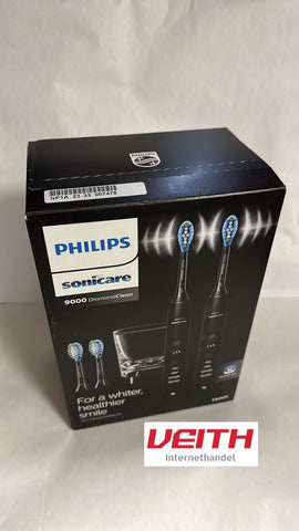 Philips Sonicare DiamondClean 9000 Elektrische Zahnbürste Doppelpack - 2 Schallzahnbürsten, 1 Ladeglas, 4 Premium Bürstenköpfe, neue Generation, schwarz, 2 Handstücke (Modell HX9914/63)