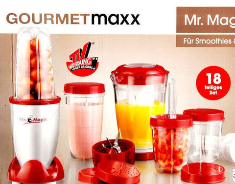 GOURMETmaxx Smoothie Maker 18tlg. Set | Stand-Mixer inkl. 4 To-Go Becher, Klingenaufsätze, Entsafter, Fruchtstößel und Deckel | Blender Zubehör spülmaschinenfest und auslaufsicher | 400 Watt [rot]