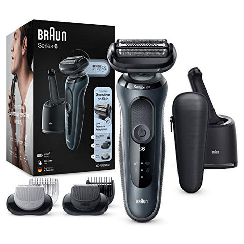 Braun Series 6cc Sensitiver Rasierer Herren, Elektrorasierer für Haarentfernung mit 3 flexiblen Klingen, Barttrimmer, Bodygroomer, Reinigungsstation,EasyClick Aufsätze, Wet&Dry, N7650cc, grau